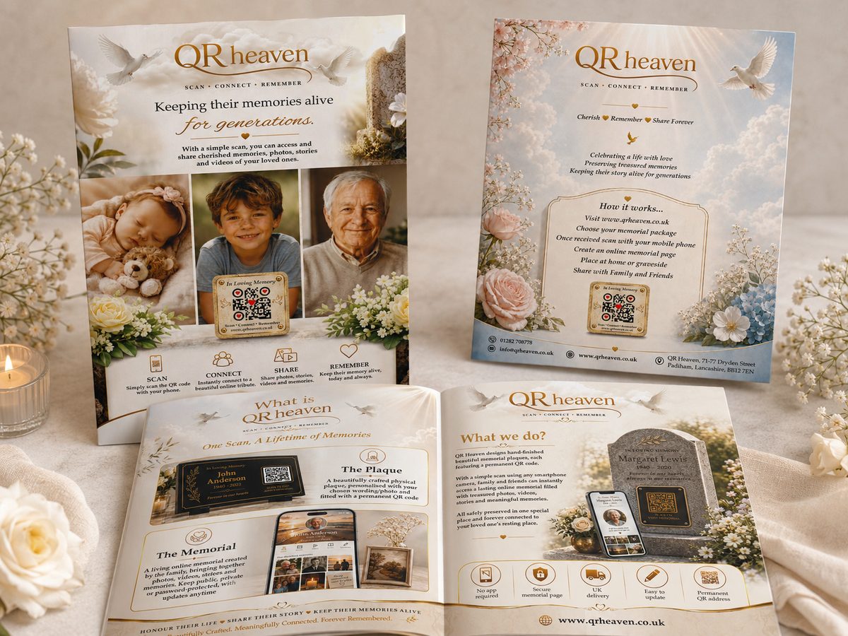 The QR Heaven brochure, open to show the plaque and the online memorial