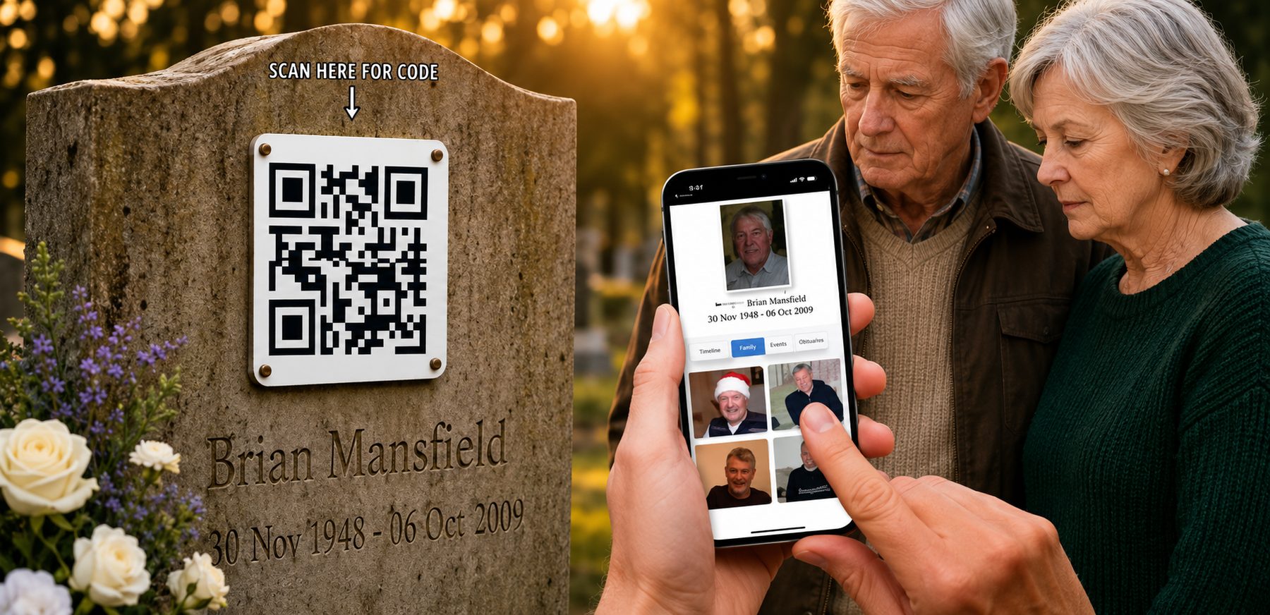 A couple at a memorial scanning a QR plaque with a smartphone, which displays a personal tribute page of photographs