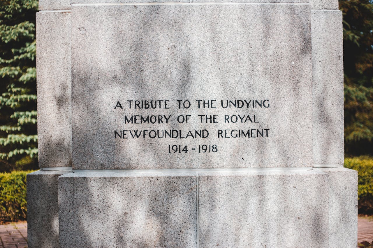 Home Granite monument commemorating the Royal Newfoundland Regiment's role in World War I, outdoors.
