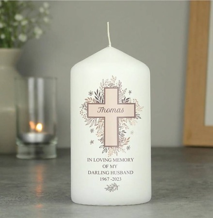 Personalised Floral Cross Pillar Candle