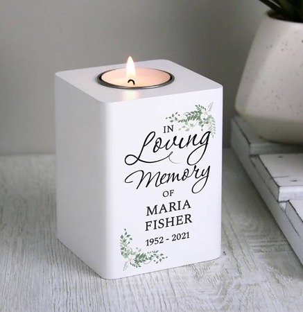 Personalised In Loving Memory White Wooden Tea Light Holder