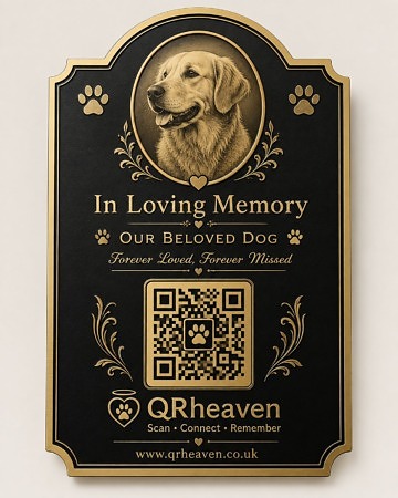 QR Heaven Pets — Dog Memorial Plaque (Gold on Black)